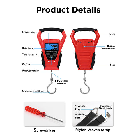HEETA Waterproof Fish Scale Digital with Backlit LCD Display, 110lb/50kg Portable Hanging Scale Fishing Scale for Home and Outdoor, Measuring Tape and 2 AAA Batteries Included