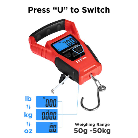 HEETA Waterproof Fish Scale Digital with Backlit LCD Display, 110lb/50kg Portable Hanging Scale Fishing Scale for Home and Outdoor, Measuring Tape and 2 AAA Batteries Included