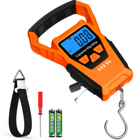 HEETA Waterproof Fish Scale Digital with Backlit LCD Display, 110lb/50kg Portable Hanging Scale Fishing Scale for Home and Outdoor, Measuring Tape and 2 AAA Batteries Included