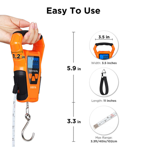 HEETA Waterproof Fish Scale Digital with Backlit LCD Display, 110lb/50kg Portable Hanging Scale Fishing Scale for Home and Outdoor, Measuring Tape and 2 AAA Batteries Included