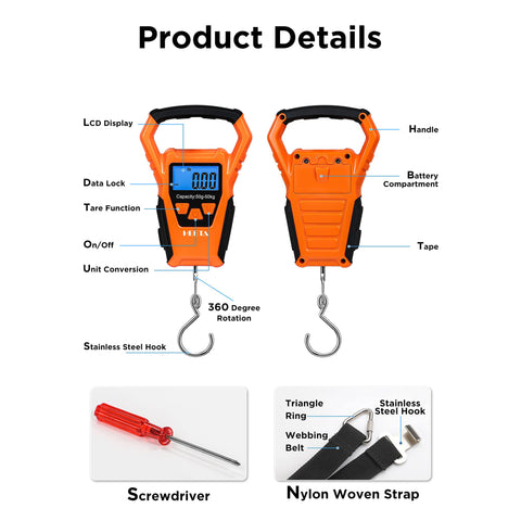 HEETA Waterproof Fish Scale Digital with Backlit LCD Display, 110lb/50kg Portable Hanging Scale Fishing Scale for Home and Outdoor, Measuring Tape and 2 AAA Batteries Included