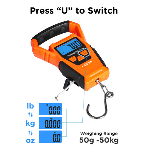 HEETA Waterproof Fish Scale Digital with Backlit LCD Display, 110lb/50kg Portable Hanging Scale Fishing Scale for Home and Outdoor, Measuring Tape and 2 AAA Batteries Included