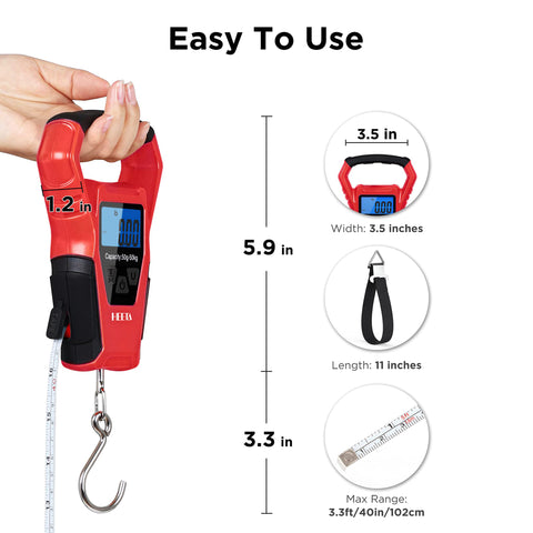 HEETA Waterproof Fish Scale Digital with Backlit LCD Display, 110lb/50kg Portable Hanging Scale Fishing Scale for Home and Outdoor, Measuring Tape and 2 AAA Batteries Included