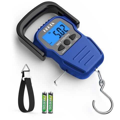 HEETA Fish Scale with Backlit LCD Display, Up to 110lb/50kg Digital Portable Hanging Fish Weight Scale with Hook & Measuring Tape for Home, Farm, Outdoor, Hunting, Fishing, 2 AAA Batteries Included