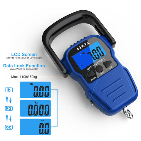 HEETA Fish Scale with Backlit LCD Display, Up to 110lb/50kg Digital Portable Hanging Fish Weight Scale with Hook & Measuring Tape for Home, Farm, Outdoor, Hunting, Fishing, 2 AAA Batteries Included