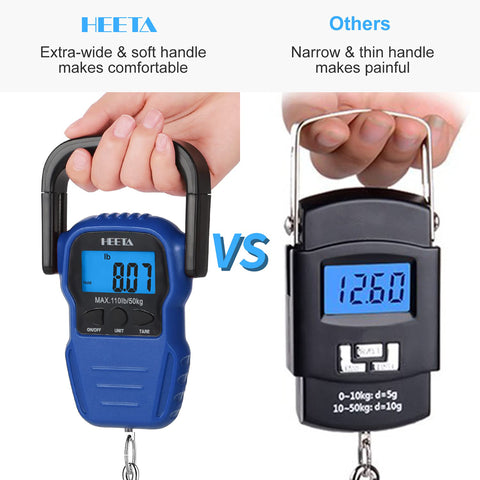 HEETA Fish Scale with Backlit LCD Display, Up to 110lb/50kg Digital Portable Hanging Fish Weight Scale with Hook & Measuring Tape for Home, Farm, Outdoor, Hunting, Fishing, 2 AAA Batteries Included