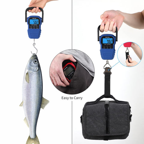 HEETA Fish Scale with Backlit LCD Display, Up to 110lb/50kg Digital Portable Hanging Fish Weight Scale with Hook & Measuring Tape for Home, Farm, Outdoor, Hunting, Fishing, 2 AAA Batteries Included