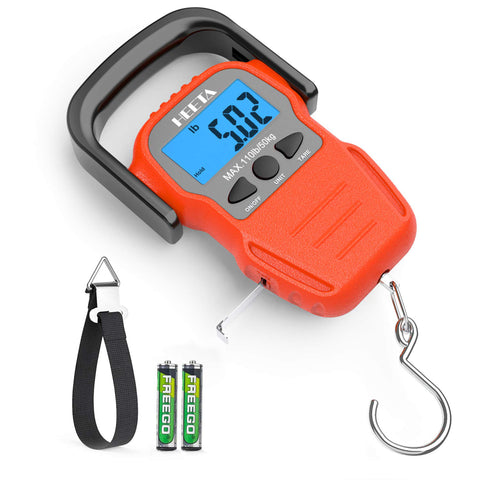 HEETA Fish Scale with Backlit LCD Display, Up to 110lb/50kg Digital Portable Hanging Fish Weight Scale with Hook & Measuring Tape for Home, Farm, Outdoor, Hunting, Fishing, 2 AAA Batteries Included