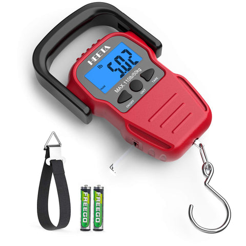 HEETA Fish Scale with Backlit LCD Display, Up to 110lb/50kg Digital Portable Hanging Fish Weight Scale with Hook & Measuring Tape for Home, Farm, Outdoor, Hunting, Fishing, 2 AAA Batteries Included