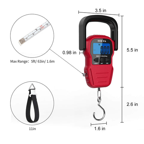 HEETA Fish Scale with Backlit LCD Display, Up to 110lb/50kg Digital Portable Hanging Fish Weight Scale with Hook & Measuring Tape for Home, Farm, Outdoor, Hunting, Fishing, 2 AAA Batteries Included
