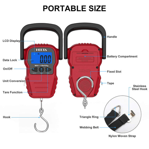 HEETA Fish Scale with Backlit LCD Display, Up to 110lb/50kg Digital Portable Hanging Fish Weight Scale with Hook & Measuring Tape for Home, Farm, Outdoor, Hunting, Fishing, 2 AAA Batteries Included