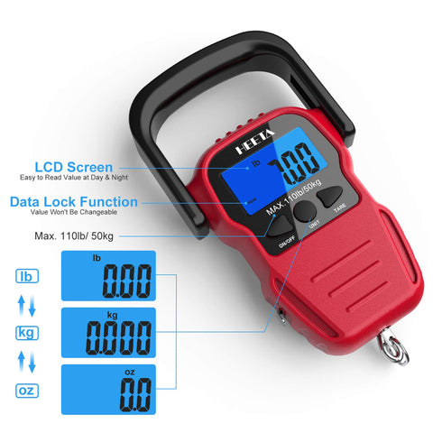 HEETA Fish Scale with Backlit LCD Display, Up to 110lb/50kg Digital Portable Hanging Fish Weight Scale with Hook & Measuring Tape for Home, Farm, Outdoor, Hunting, Fishing, 2 AAA Batteries Included