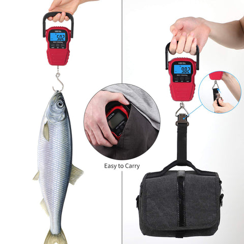 HEETA Fish Scale with Backlit LCD Display, Up to 110lb/50kg Digital Portable Hanging Fish Weight Scale with Hook & Measuring Tape for Home, Farm, Outdoor, Hunting, Fishing, 2 AAA Batteries Included