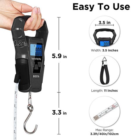 HEETA Waterproof Fish Scale Digital with Backlit LCD Display, 110lb/50kg Portable Hanging Scale Fishing Scale for Home and Outdoor, Measuring Tape and 2 AAA Batteries Included