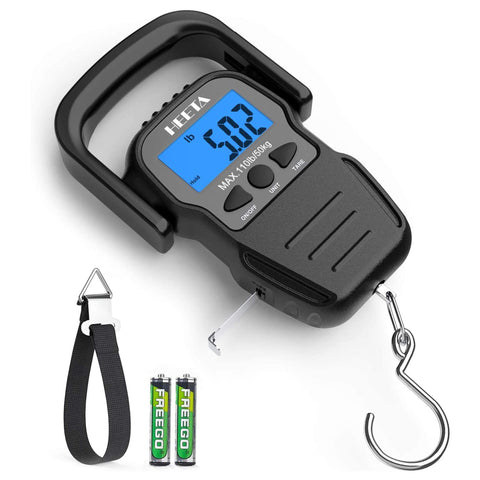 HEETA Fish Scale with Backlit LCD Display, Up to 110lb/50kg Digital Portable Hanging Fish Weight Scale with Hook & Measuring Tape for Home, Farm, Outdoor, Hunting, Fishing, 2 AAA Batteries Included