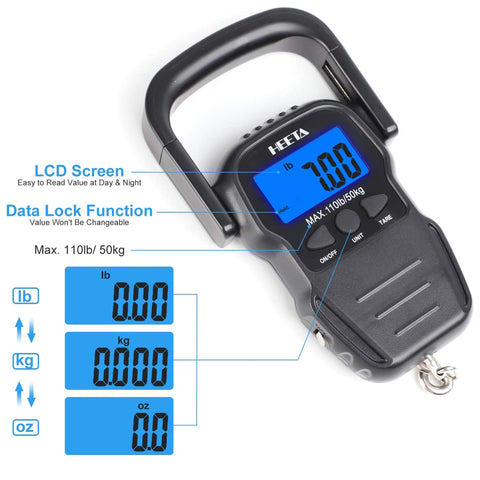 HEETA Fish Scale with Backlit LCD Display, Up to 110lb/50kg Digital Portable Hanging Fish Weight Scale with Hook & Measuring Tape for Home, Farm, Outdoor, Hunting, Fishing, 2 AAA Batteries Included