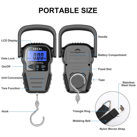 HEETA Fish Scale with Backlit LCD Display, Up to 110lb/50kg Digital Portable Hanging Fish Weight Scale with Hook & Measuring Tape for Home, Farm, Outdoor, Hunting, Fishing, 2 AAA Batteries Included