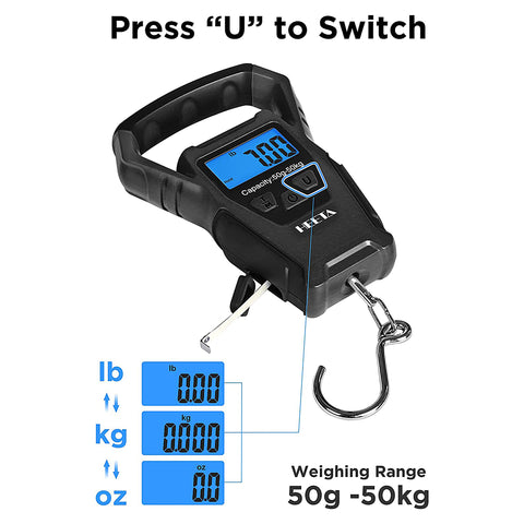 HEETA Waterproof Fish Scale Digital with Backlit LCD Display, 110lb/50kg Portable Hanging Scale Fishing Scale for Home and Outdoor, Measuring Tape and 2 AAA Batteries Included