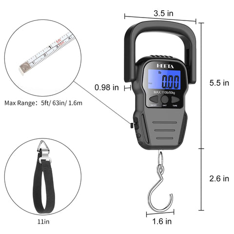 HEETA Fish Scale with Backlit LCD Display, Up to 110lb/50kg Digital Portable Hanging Fish Weight Scale with Hook & Measuring Tape for Home, Farm, Outdoor, Hunting, Fishing, 2 AAA Batteries Included