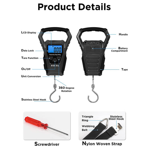 HEETA Waterproof Fish Scale Digital with Backlit LCD Display, 110lb/50kg Portable Hanging Scale Fishing Scale for Home and Outdoor, Measuring Tape and 2 AAA Batteries Included