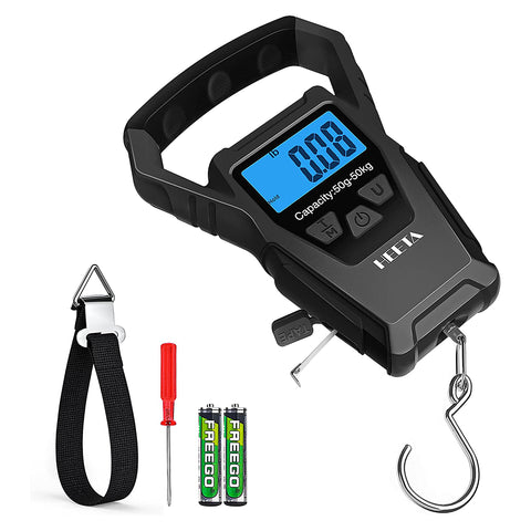 HEETA Waterproof Fish Scale Digital with Backlit LCD Display, 110lb/50kg Portable Hanging Scale Fishing Scale for Home and Outdoor, Measuring Tape and 2 AAA Batteries Included